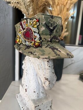 Camouflage Military-Style Cap with Beaded Heart Patch